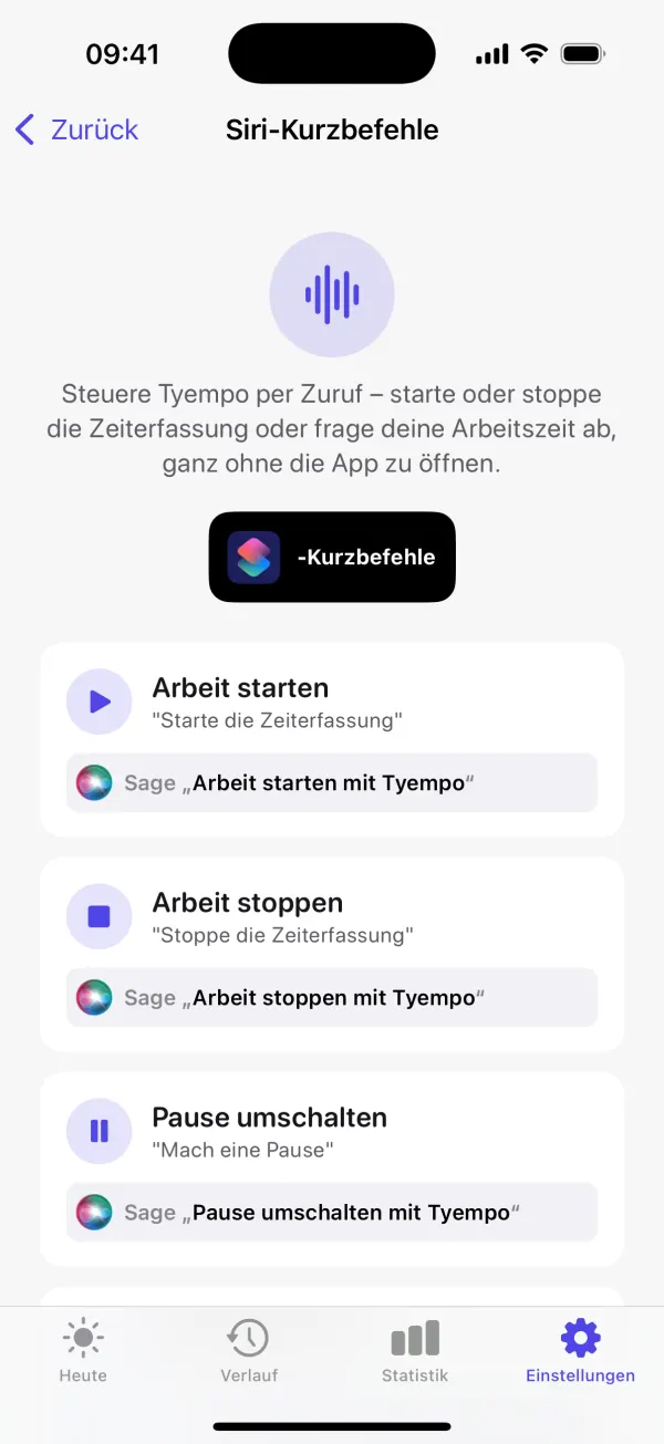 Siri-Kurzbefehle zum Starten, Stoppen und Pausieren der Zeiterfassung