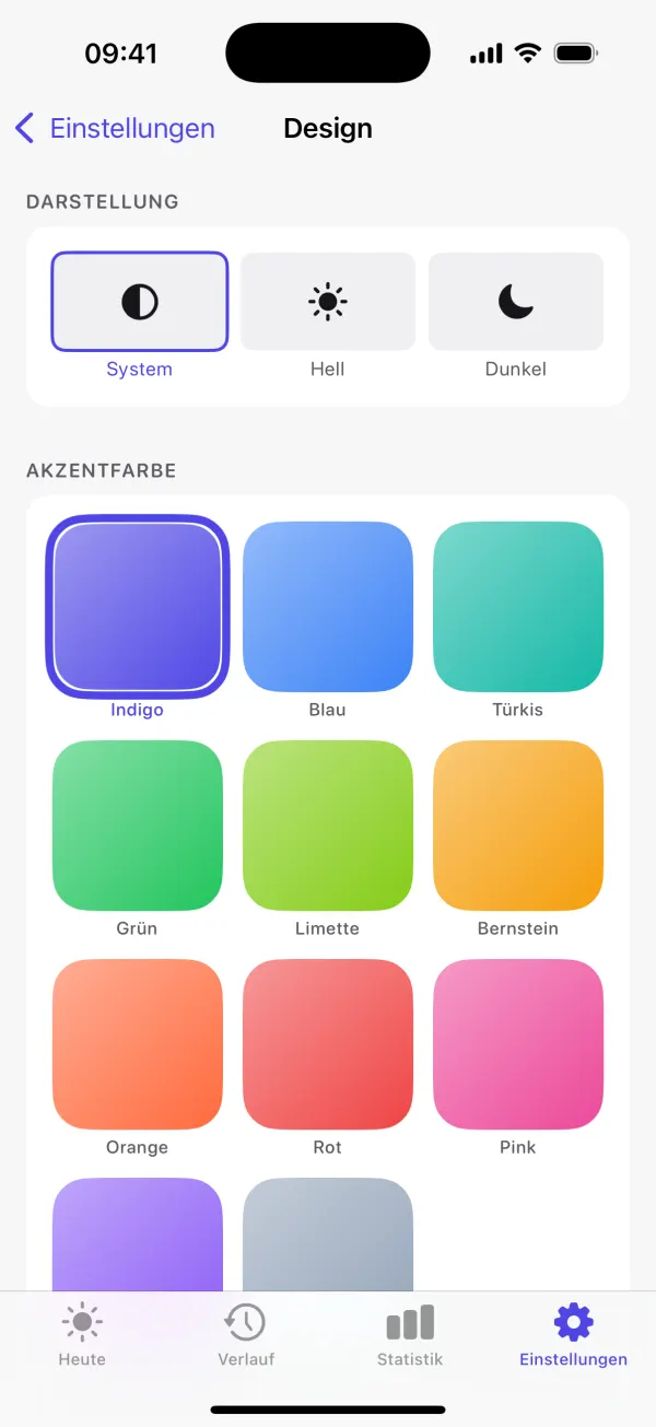Design-Einstellungen mit hellem und dunklem Modus und Akzentfarben