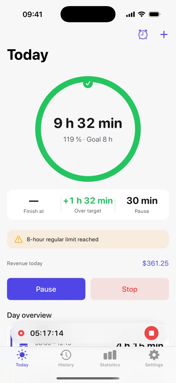 Tyempo Today screen: progress ring with today’s hours worked, Pause and Stop buttons